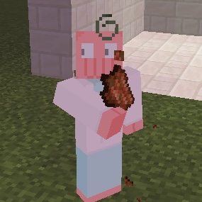 ゲーム「MineCraft」でゾイドバーグスキンを着て腐肉を食べているプレイヤー